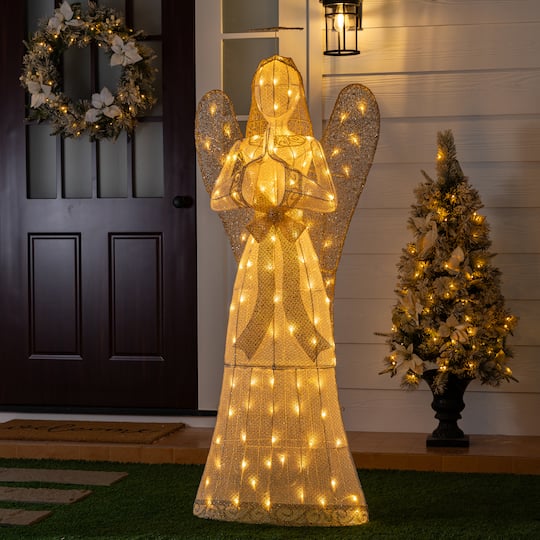 Glitzhome® 63" Christmas 3D Glittered Fabric Angel with 120 Warm White LED Lights